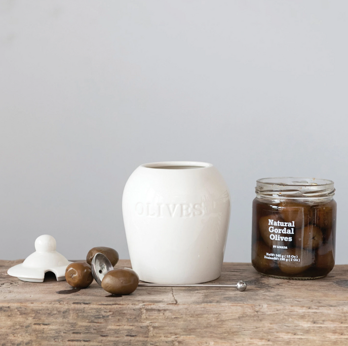 Olive Stoneware Jar with Slotted Spoon
