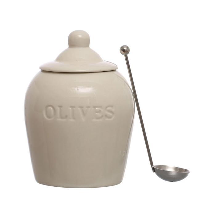 Olive Stoneware Jar with Slotted Spoon
