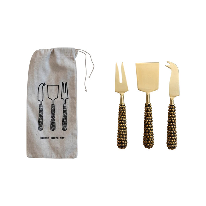 cast brass beaded cheese knife set