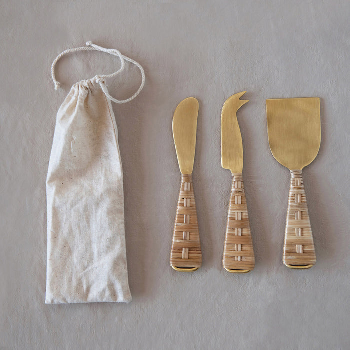 rattan wrapped cheese knife set