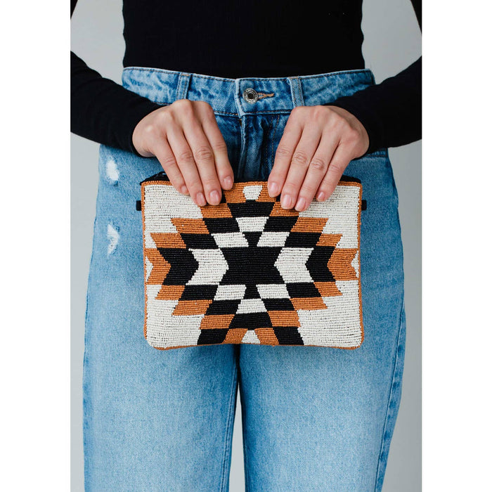 beaded aztec wristlet - beige and black