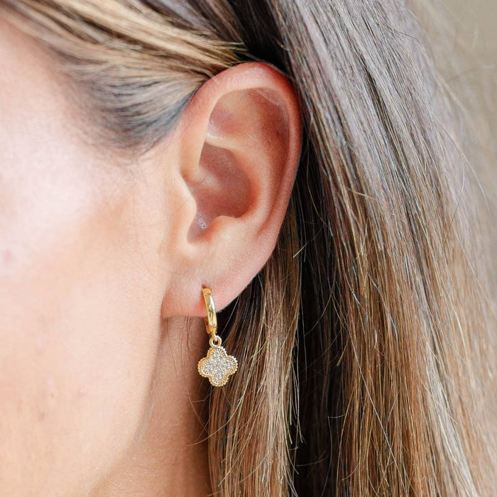 pave quatrefoil huggie earrings