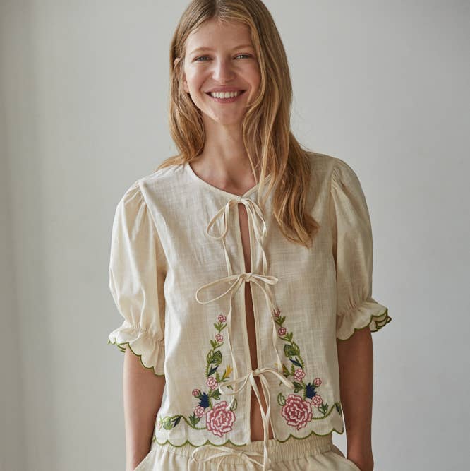 Woven Cotton Embroidered Open Front Tied Top