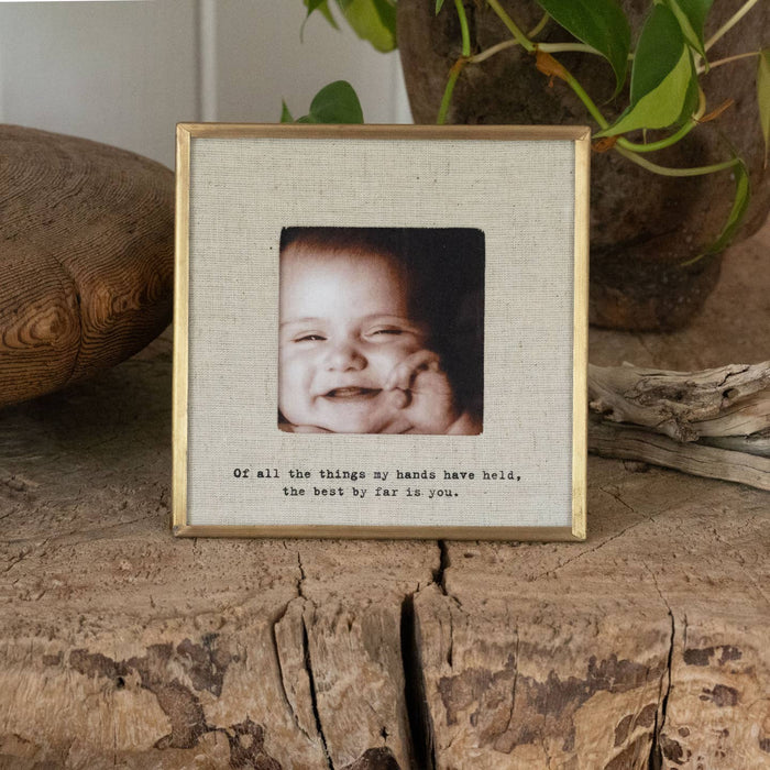 brass + linen frame, baby