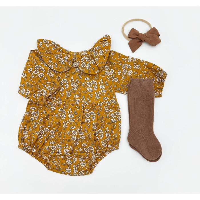 mustard floral romper, 3 pc set