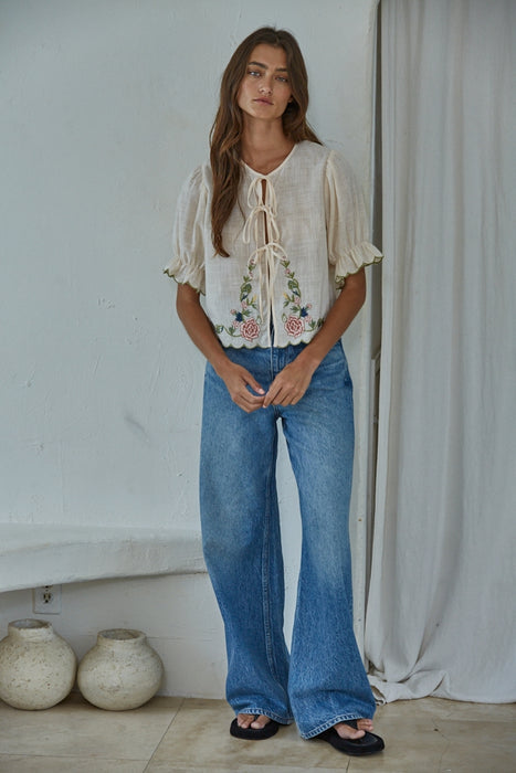 Woven Cotton Embroidered Open Front Tied Top