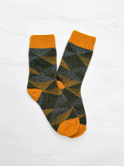 vintage argyle wool blend cozy socks - olive/mustard