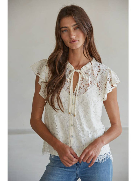Woven Lace Button Down Short Sleeve Top
