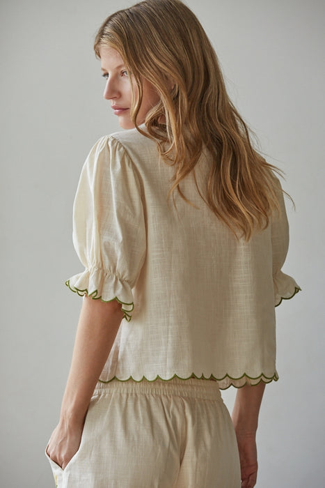 Woven Cotton Embroidered Open Front Tied Top