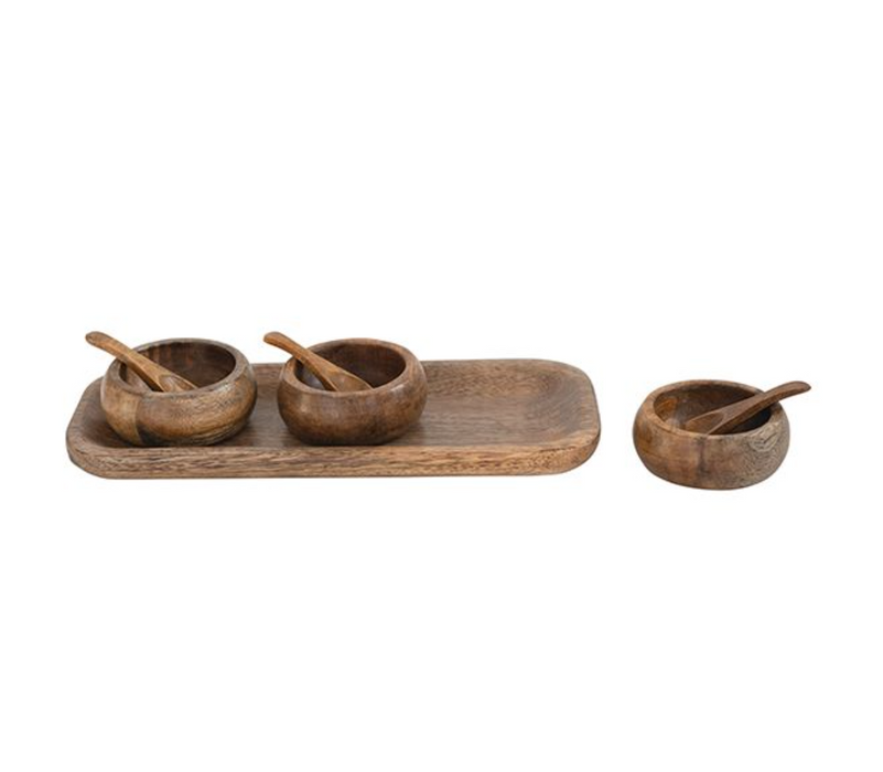 Mango Wood Tray with 3 Bowls and Spoons