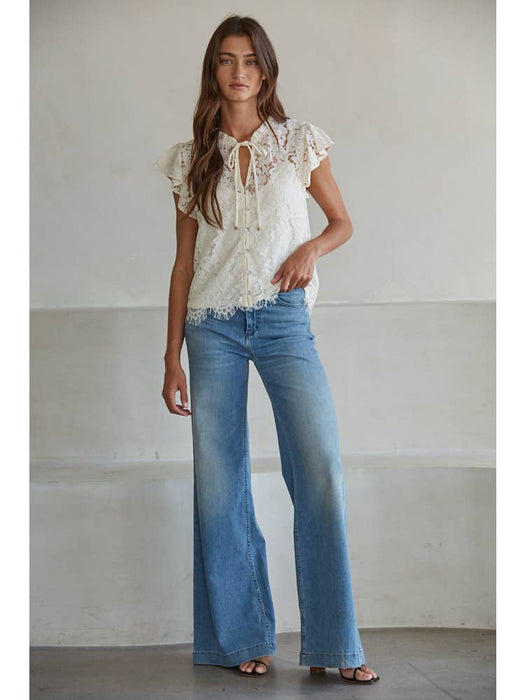 Woven Lace Button Down Short Sleeve Top