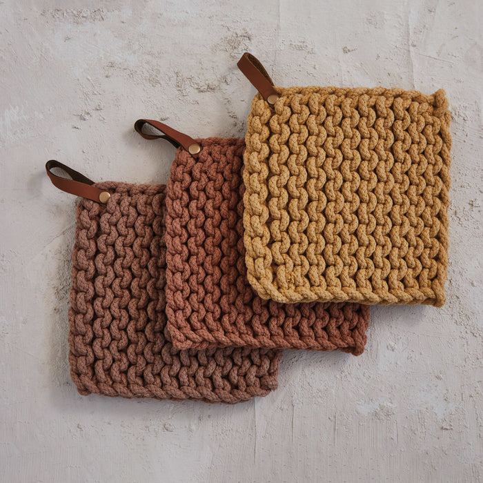 crocheted pot holder with leather loop, 3 colors