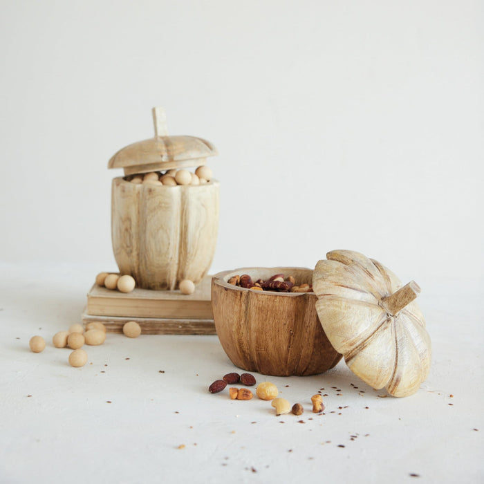 mango wood pumpkin container with lid, 2 sizes