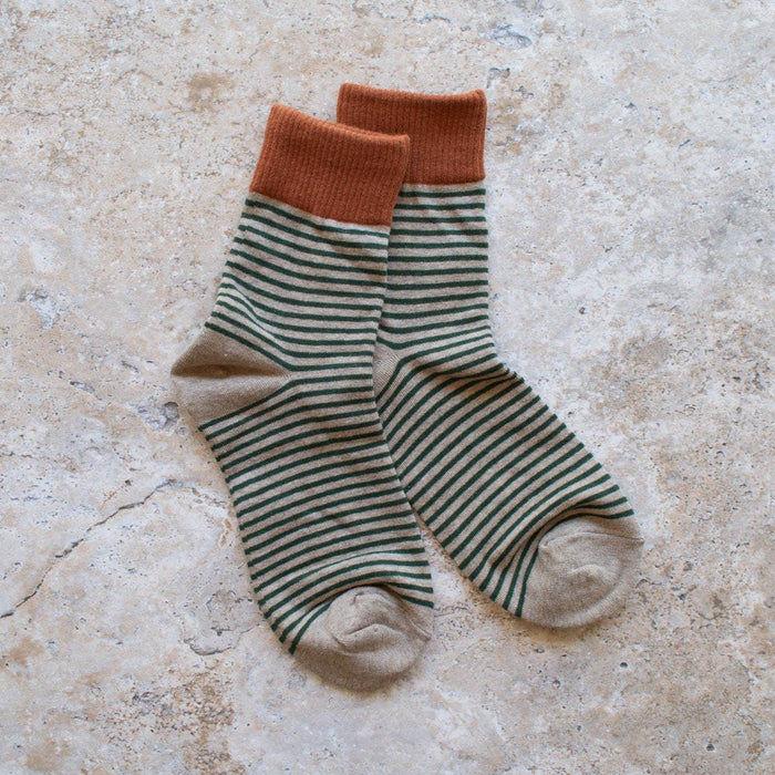 2 tone stipe casual socks -  rust/mocha