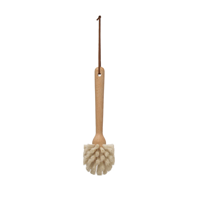 beech wood dish brush with leather strap