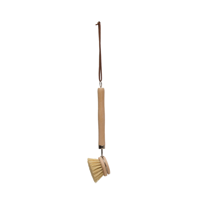 beech wood angled dish brush with leather strap