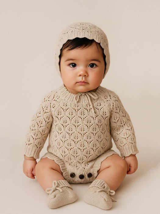 lacy vintage pearl romper with bonnet