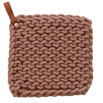 crocheted pot holder with leather loop, 3 colors