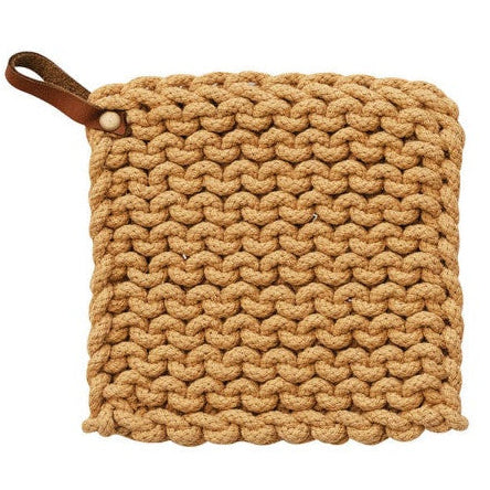 crocheted pot holder with leather loop, 3 colors