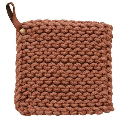 crocheted pot holder with leather loop, 3 colors