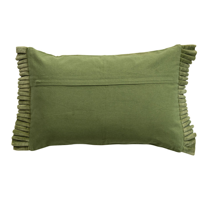 velvet lumbar pillow with ruffle trim, moss green
