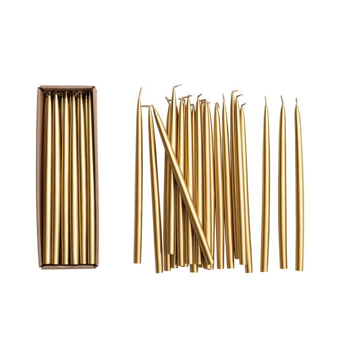 gold thin taper candles in box, set of 24