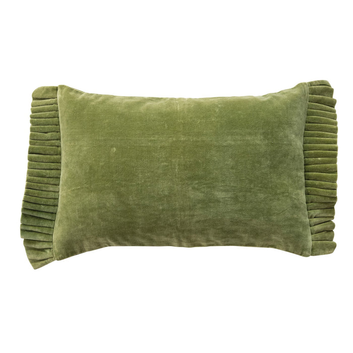 velvet lumbar pillow with ruffle trim, moss green