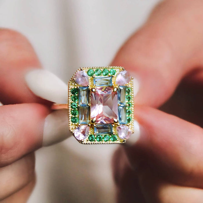 Emerald morganite mosaic cocktail Ring