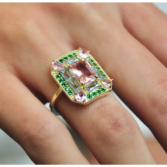 Emerald morganite mosaic cocktail Ring