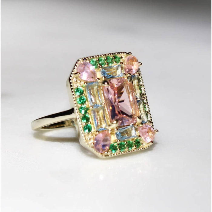 Emerald morganite mosaic cocktail Ring